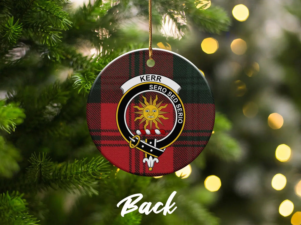 Kerr Sero Sed Serio tartan Christmas ornament — double-sided glazed ceramic, 3-inch disc
