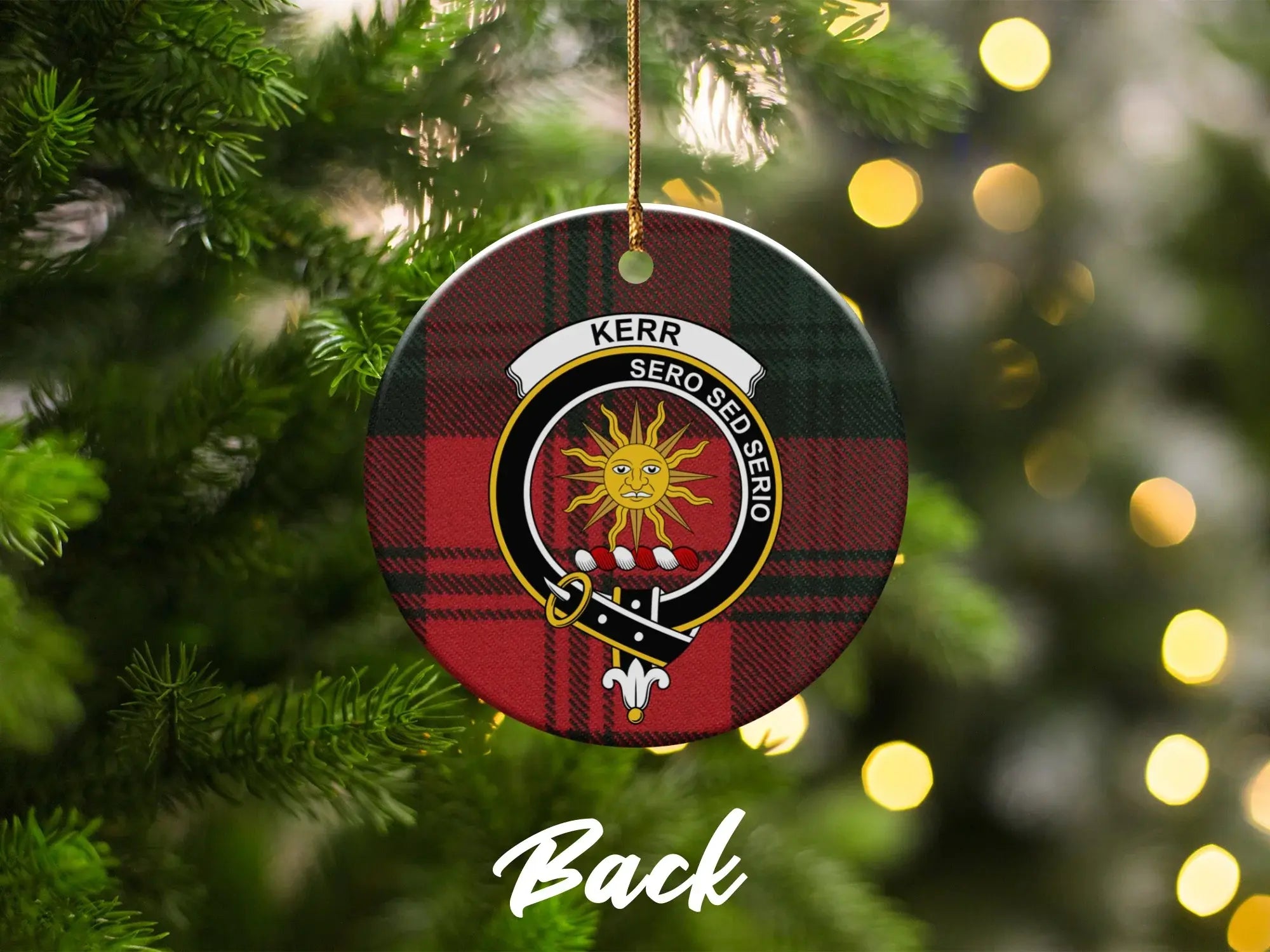 Kerr Sero Sed Serio tartan Christmas ornament — double-sided glazed ceramic, 3-inch disc