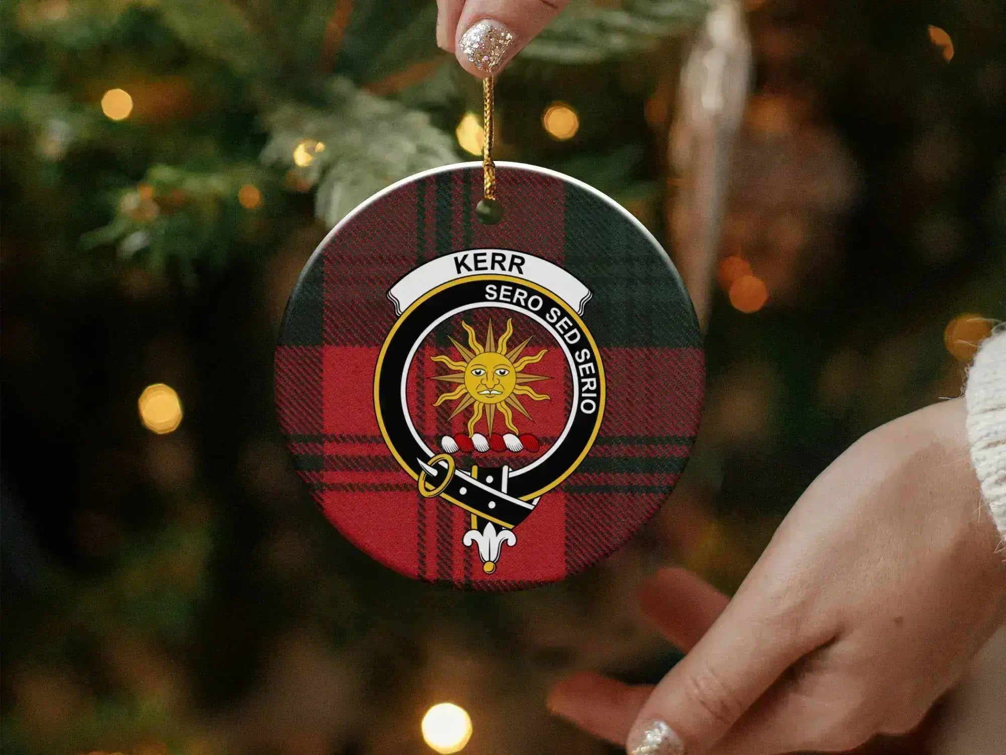Kerr Sero Sed Serio heraldic design ornament — glossy finish, double-sided 3-inch disc