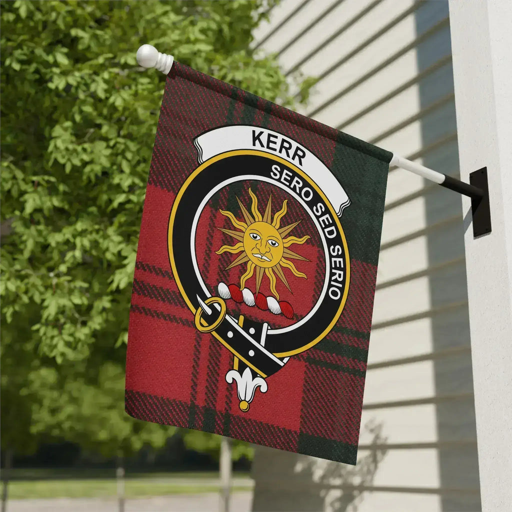 Kerr clan crest tartan garden flag 12x18 inches — poly poplin-canvas with Sero Sed Serio sun design