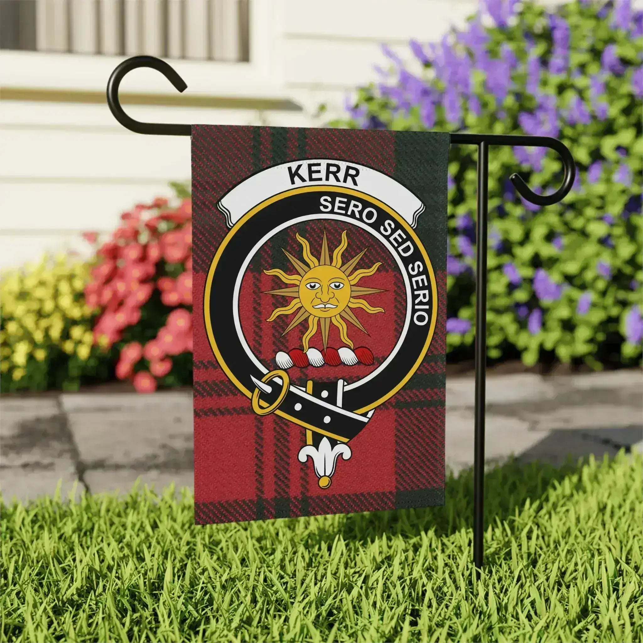 Kerr Sero Sed Serio sun design garden flag 24x32 inches — clan crest on larger outdoor size