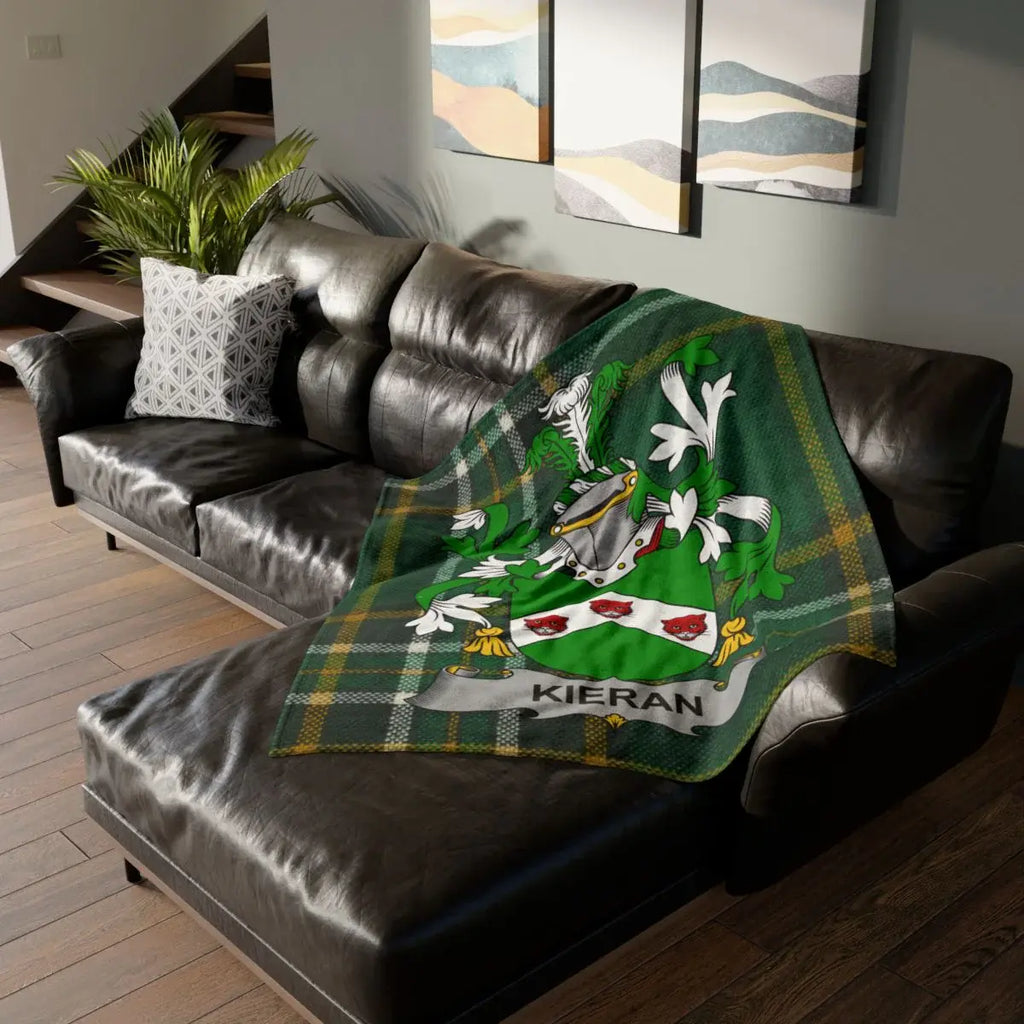 Custom Kieran Crest Plaid Green Tartan Throw Blanket
