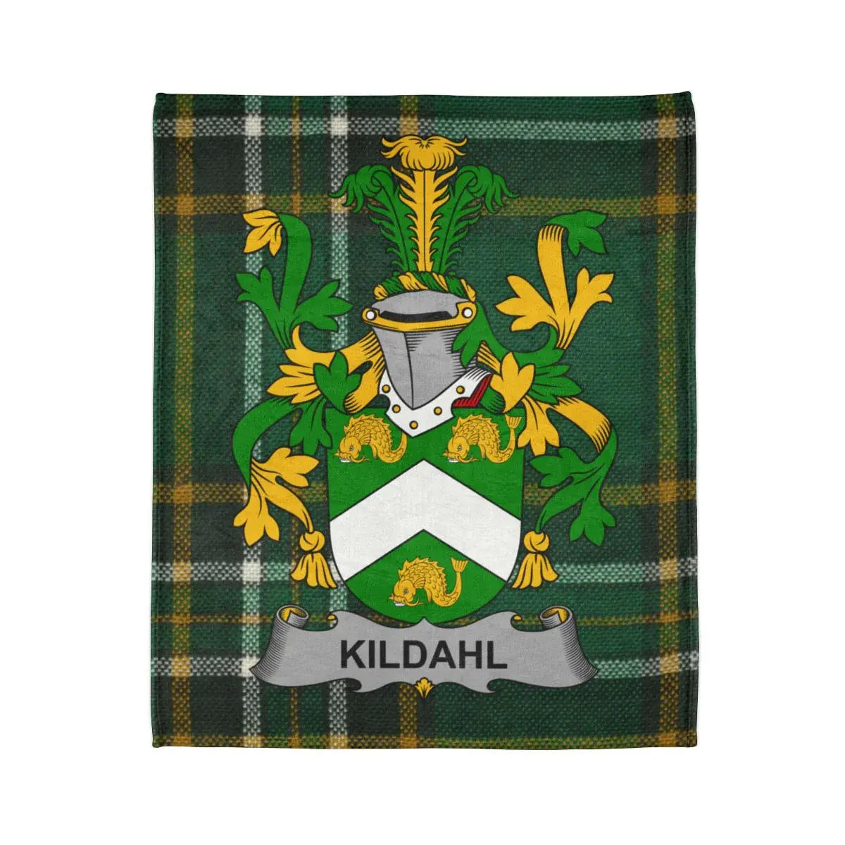 Kildahl Family Crest Heraldry on Green Plaid Blanket