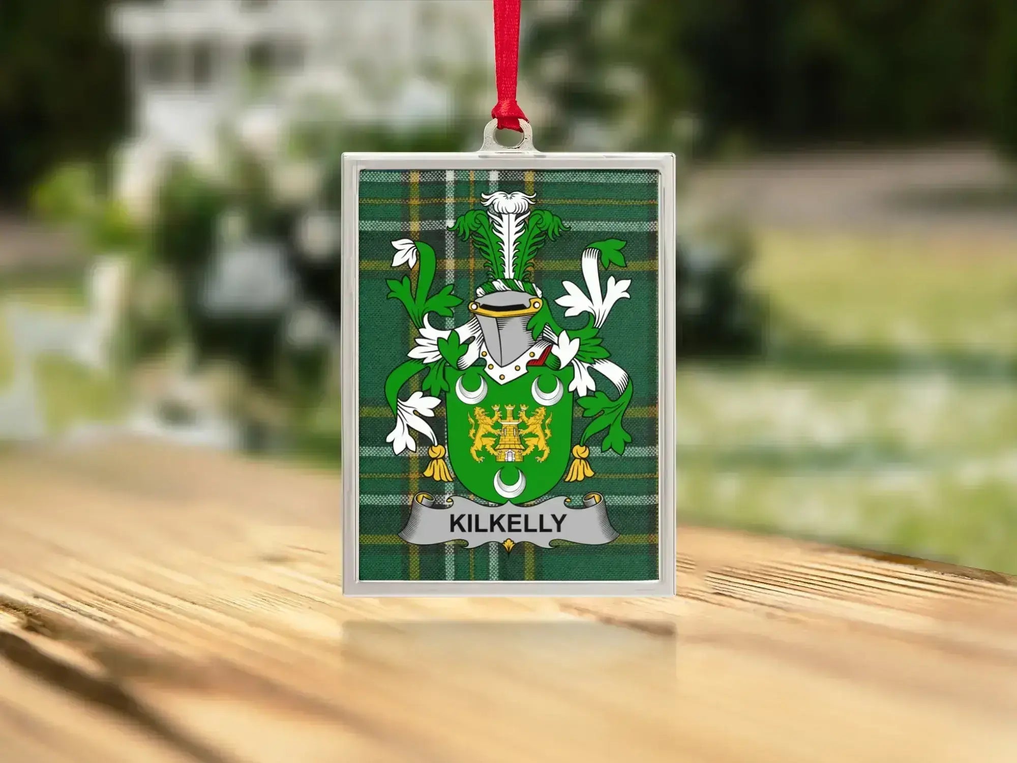 Kilkelly Family Crest Green Plaid Background product