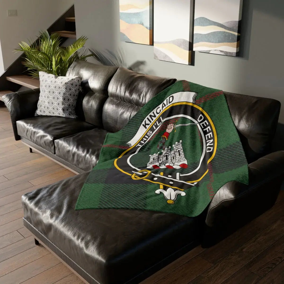 Kincaid This I'll Defend clan crest throw blanket — decorative tartan