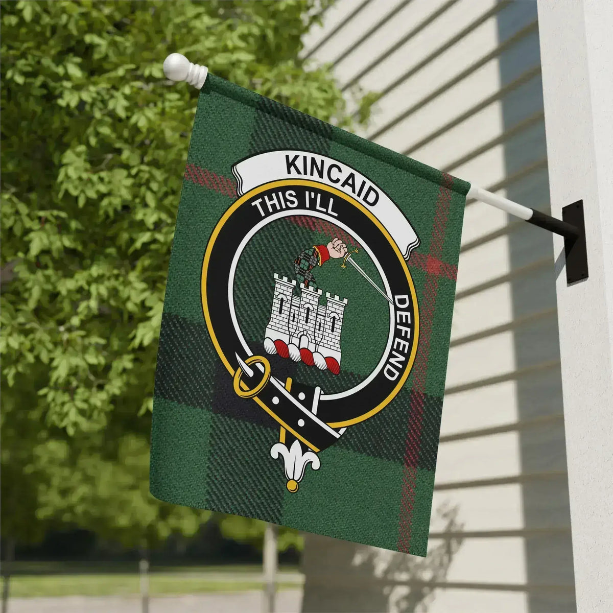Kincaid This I'll Defend clan crest garden flag — poly poplin-canvas, 12x18 inch