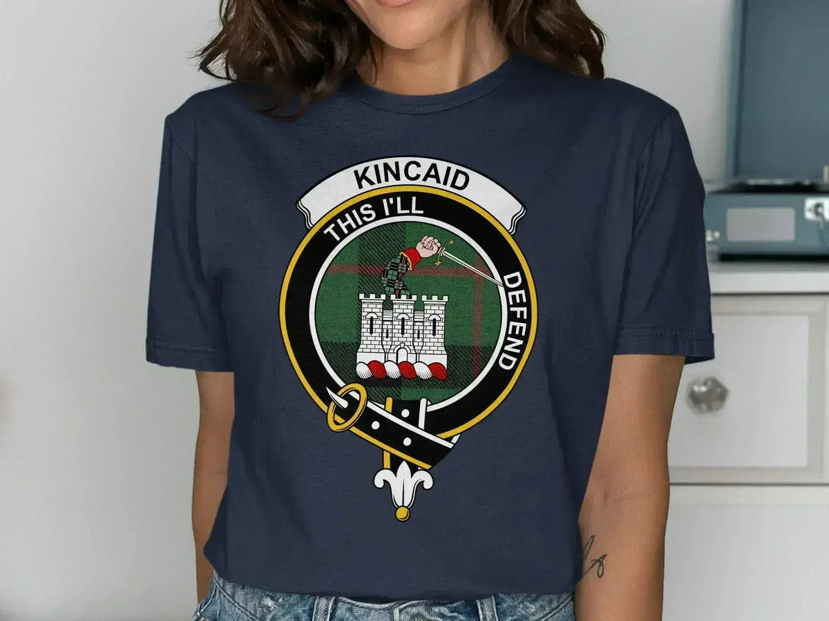 Kincaid clan crest tee in royal blue — This I'll Defend emblem