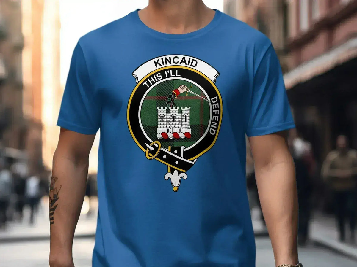 Kincaid clan crest t-shirt — This I'll Defend design on cotton, front view