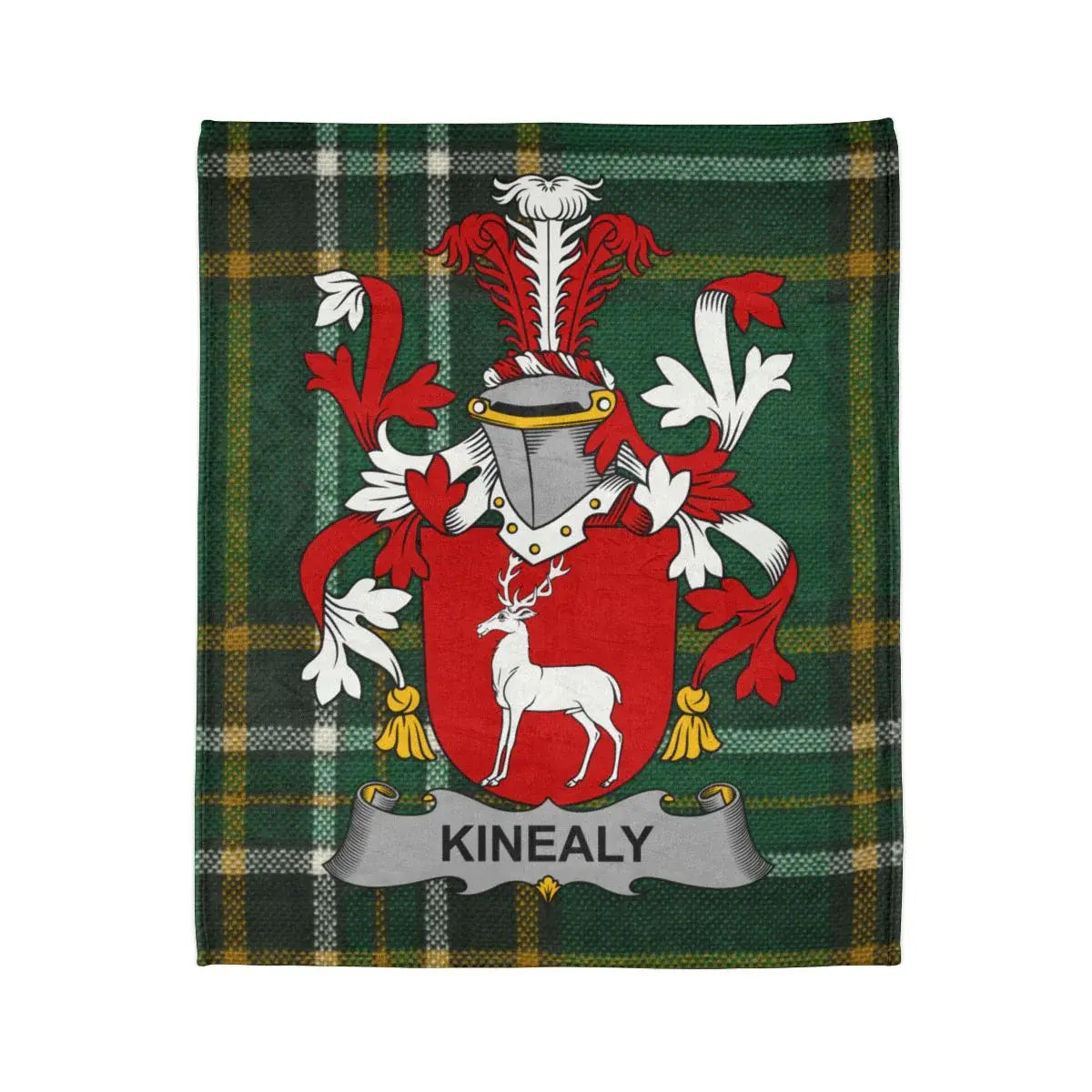 Kinealy Family Crest on Green Tartan background blanket