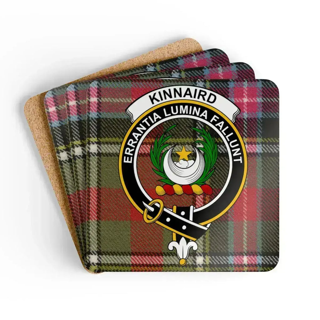 Clan Kinnaird tartan crest coaster set — 3.75 inch square cork base with Errantia Lumina Fallunt print