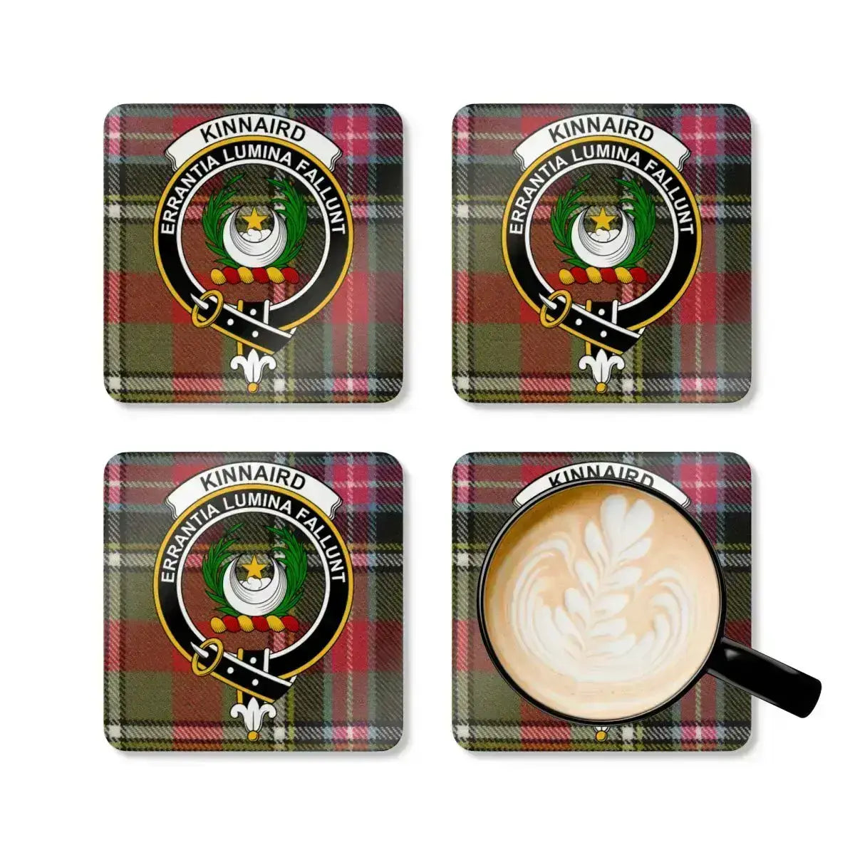 Clan Kinnaird crest coaster — glossy full colour tartan design on square cork coaster