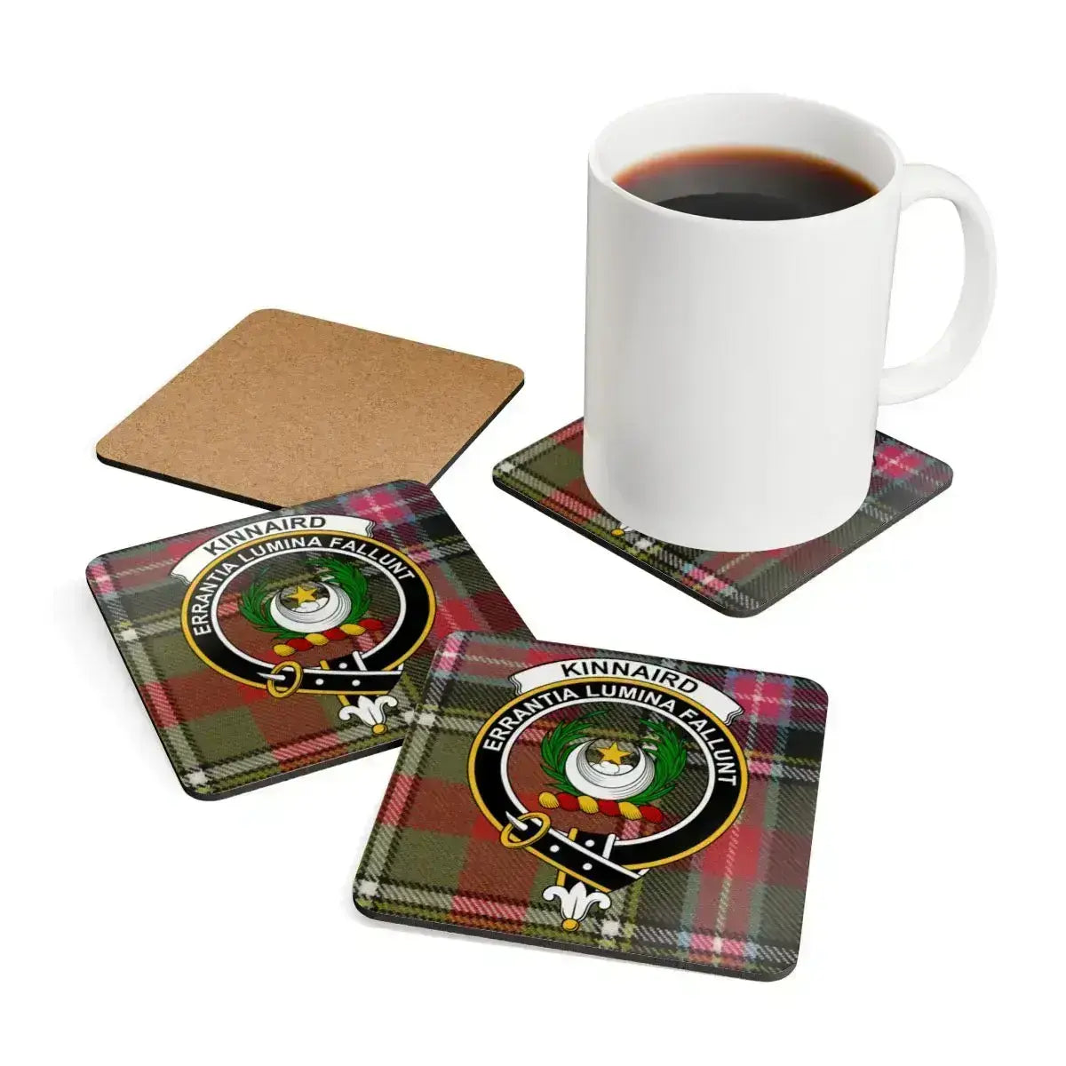 Clan Kinnaird tartan coaster set — four coasters shown with clan crest and motto