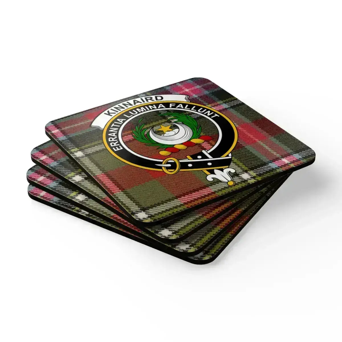 Clan Kinnaird crest coaster — Errantia Lumina Fallunt motto on 3.75 inch square cork coaster