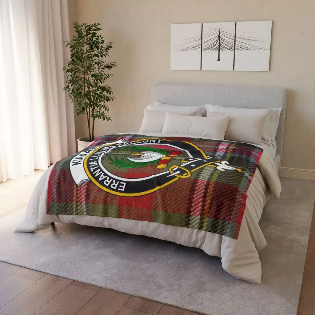 Clan Kinnaird throw blanket — draped view showing full tartan and clan crest print, hemmed edges