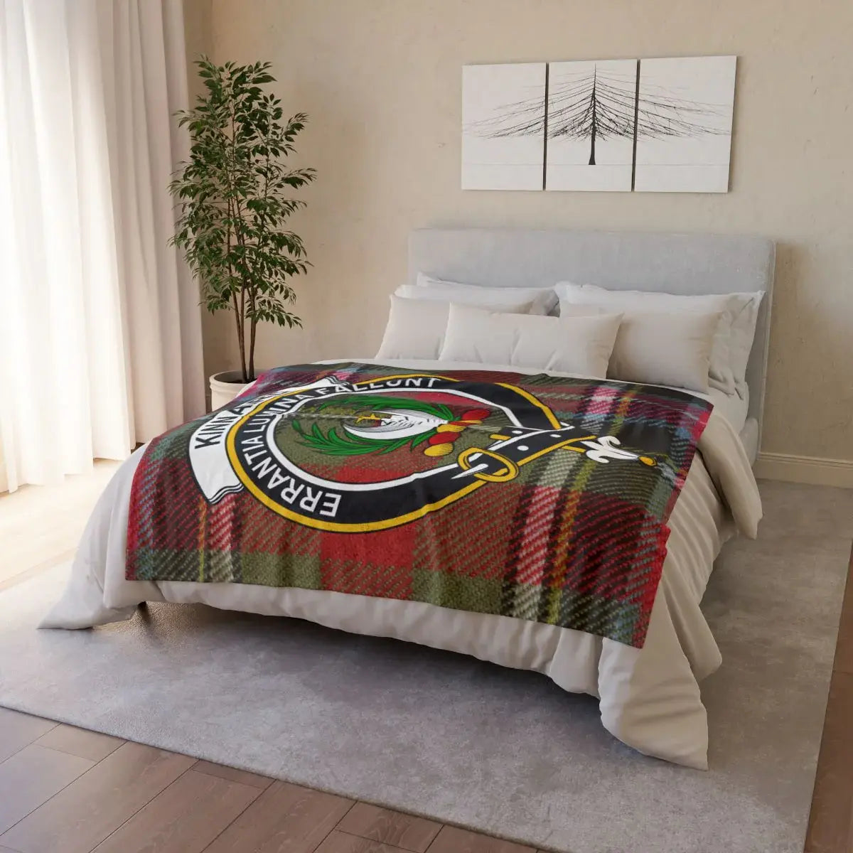 Clan Kinnaird throw blanket — draped view showing full tartan and clan crest print, hemmed edges