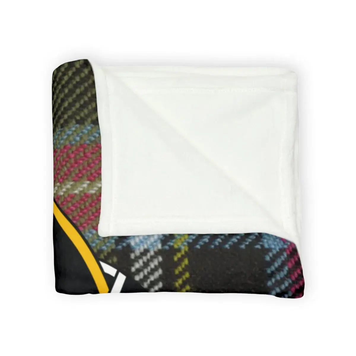 Clan Kinnaird tartan throw — lightweight polyester, white reverse, sofa display