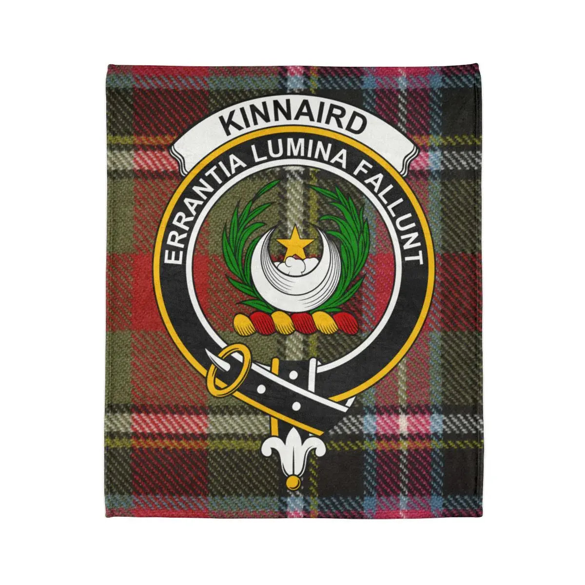 Clan Kinnaird crest throw blanket — folded view showing tartan pattern and Errantia Lumina Fallunt motto