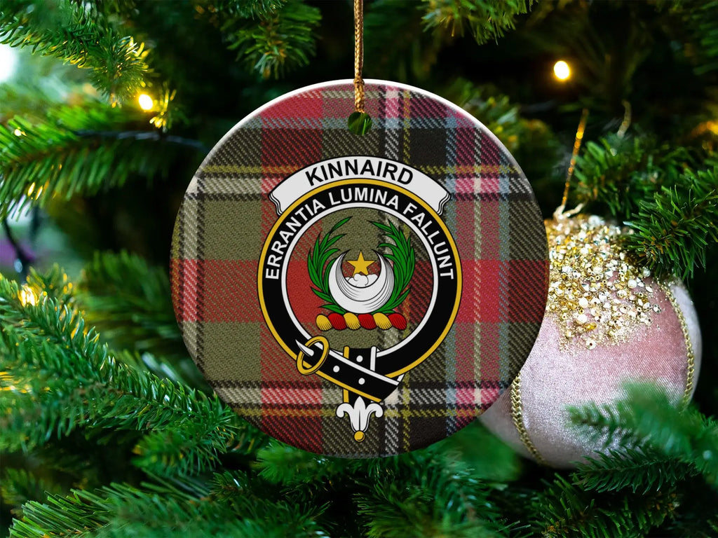 Clan Kinnaird tartan crest ceramic ornament — 3 inch round, double-sided UV print with gold hanging string