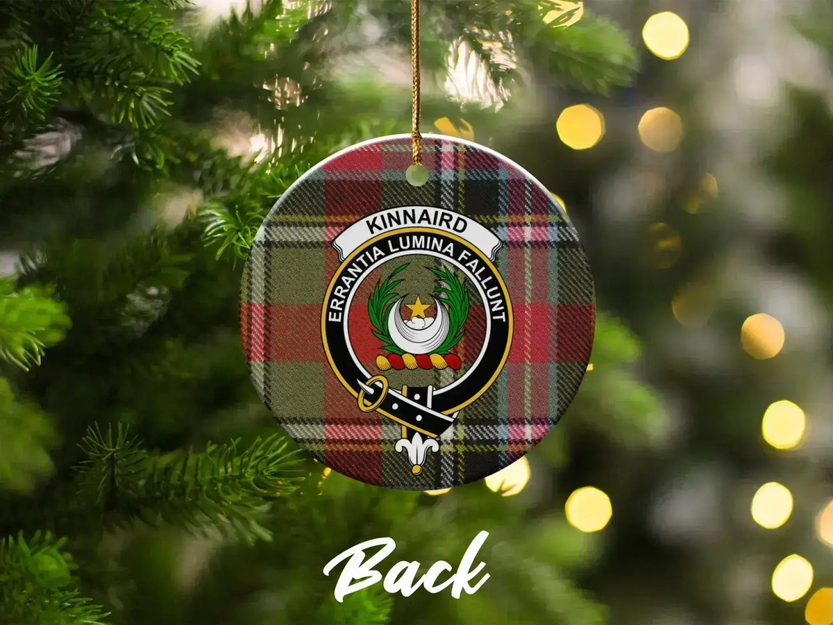 Clan Kinnaird tartan crest ornament — hanging on Christmas tree, ceramic double-sided print