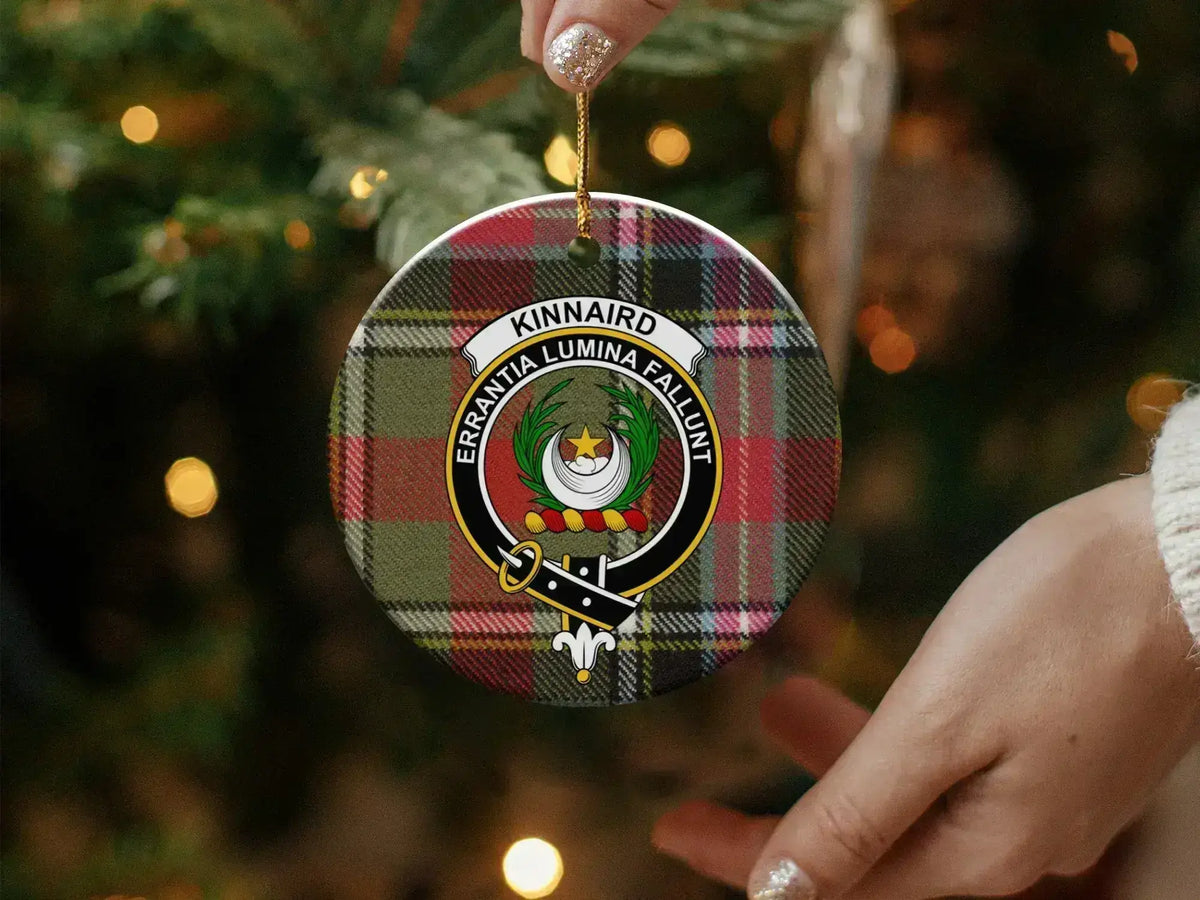 Clan Kinnaird ceramic ornament — front face showing crest and tartan, 3 inch diameter