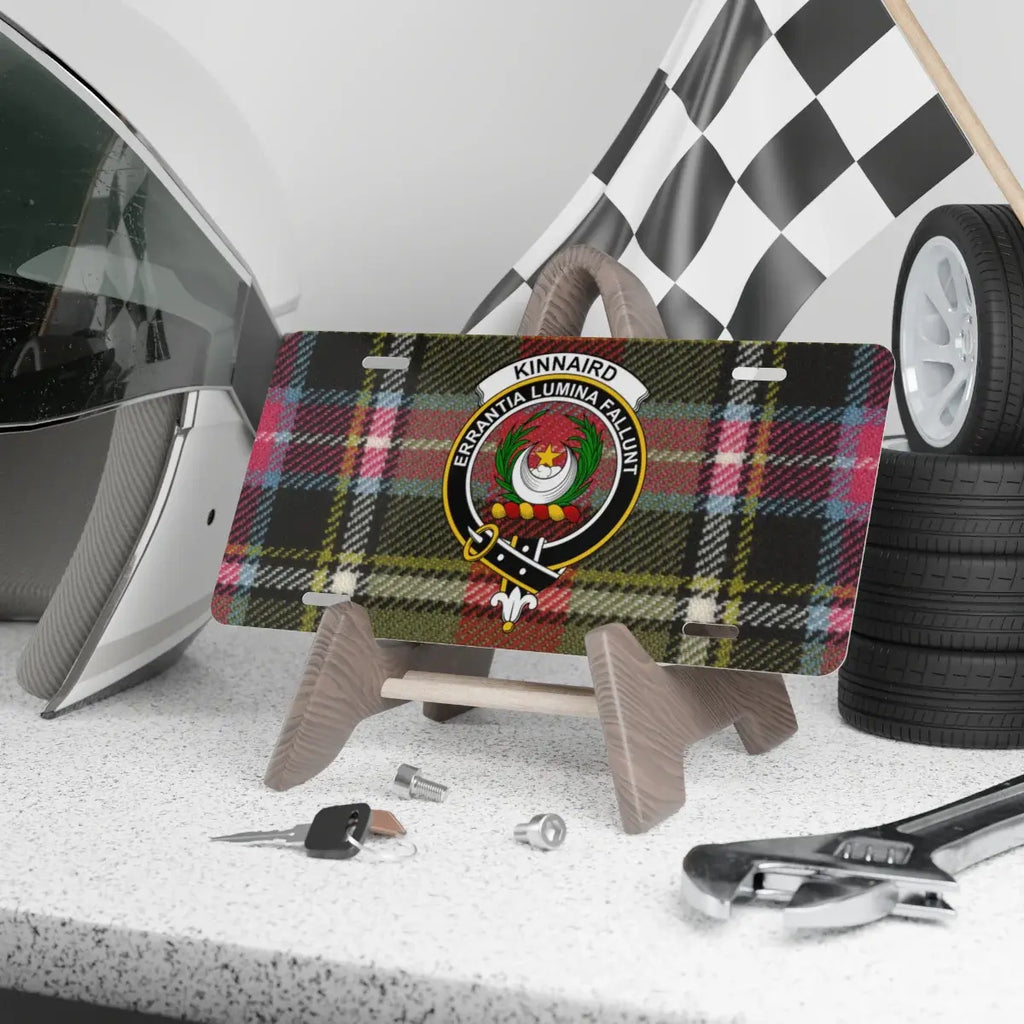 Clan Kinnaird tartan crest novelty license plate — full colour Errantia Lumina Fallunt design, 12x6 inch aluminium