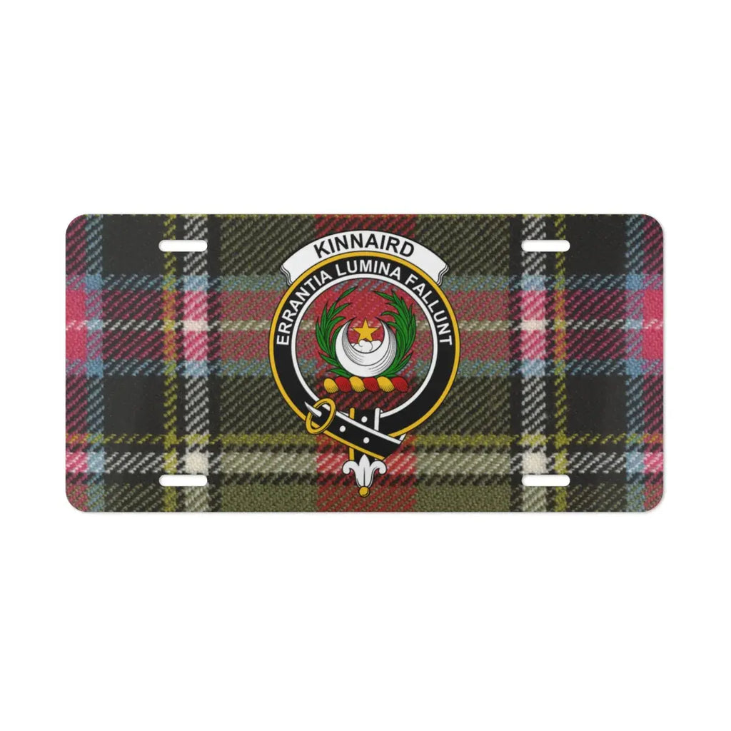 Clan Kinnaird tartan crest novelty plate — standard 12x6 inch size shown on vehicle display
