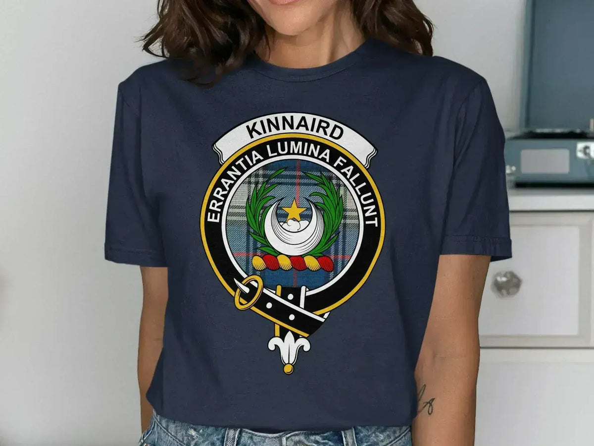 Clan Kinnaird crest t-shirt — royal blue cotton short sleeve with heraldic tartan print