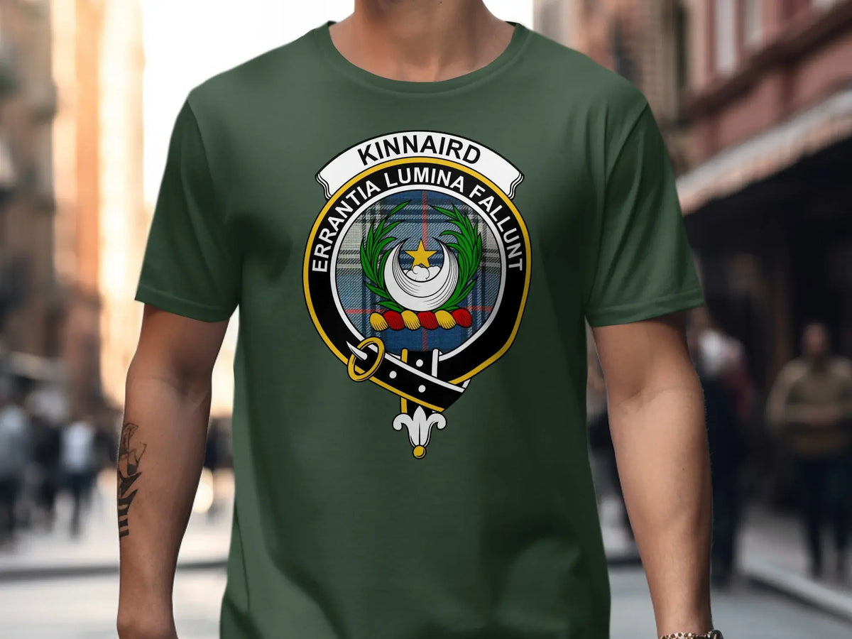 Clan Kinnaird tartan crest tee — black short sleeve, Errantia Lumina Fallunt motto visible