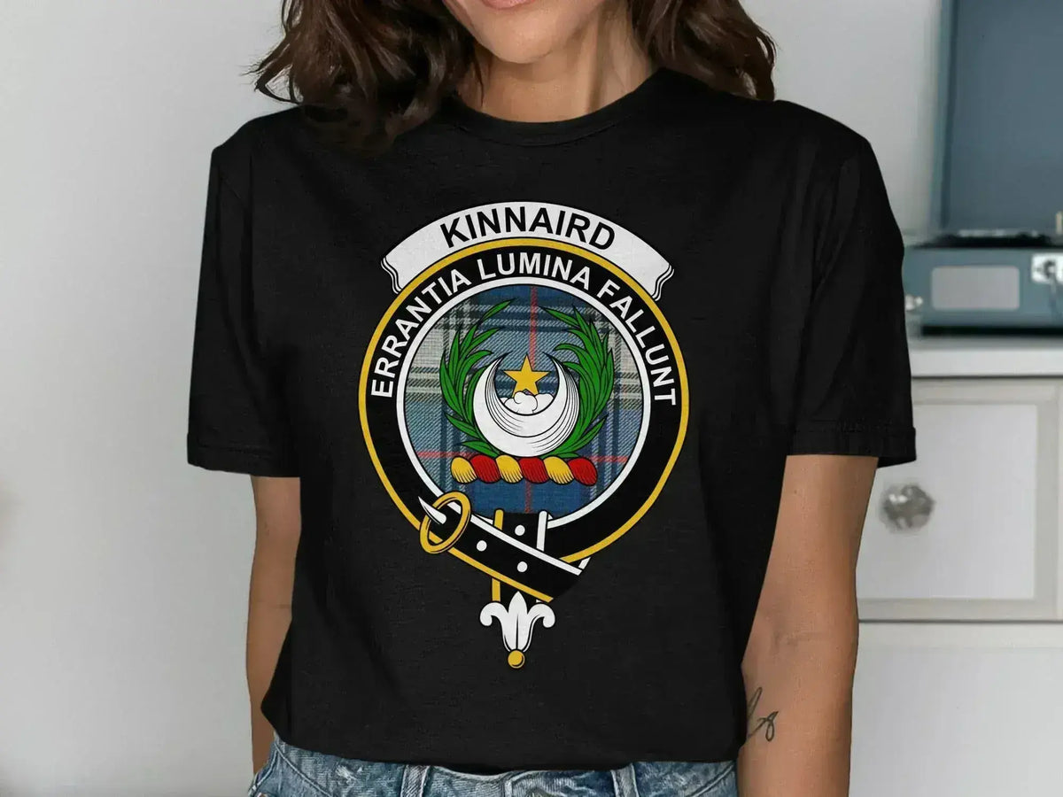Clan Kinnaird crest t-shirt — forest green with tartan and heraldic emblem print