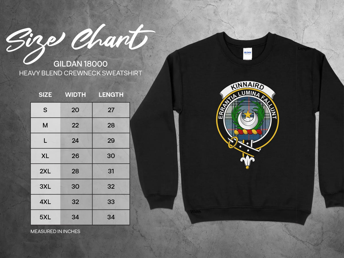 Clan Kinnaird tartan sweatshirt — colour and size options shown, S through 3XL
