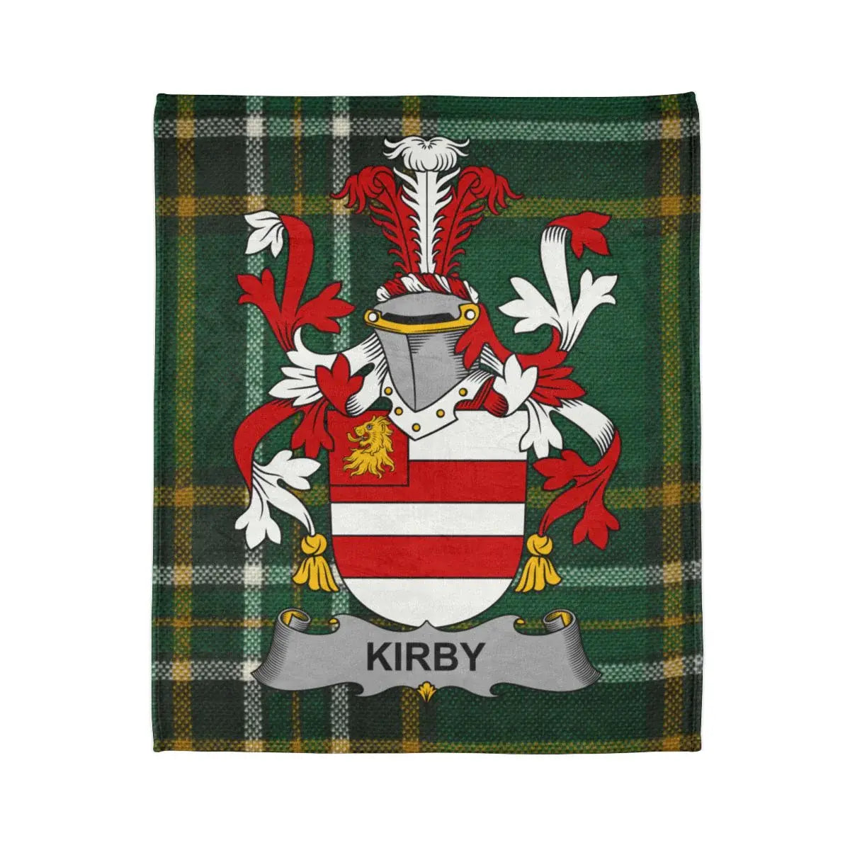 Kirby Family Crest on Green Plaid Background Blanket