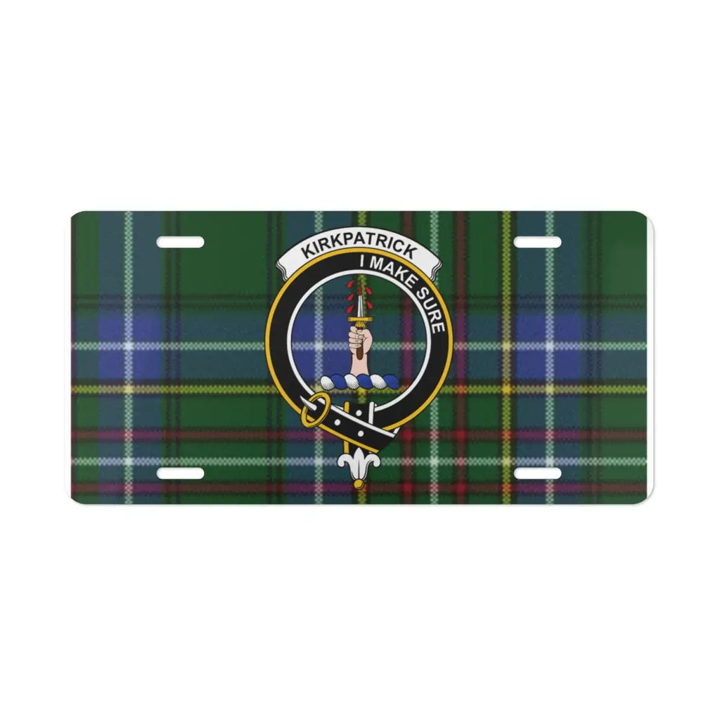 Clan Kirkpatrick tartan crest novelty plate — standard 12x6 inch size shown on vehicle display