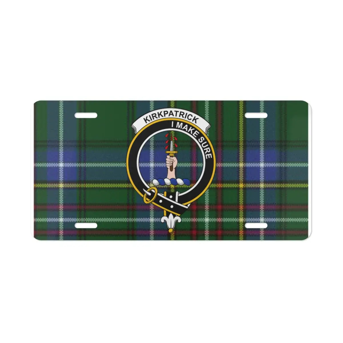 Clan Kirkpatrick tartan crest novelty plate — standard 12x6 inch size shown on vehicle display