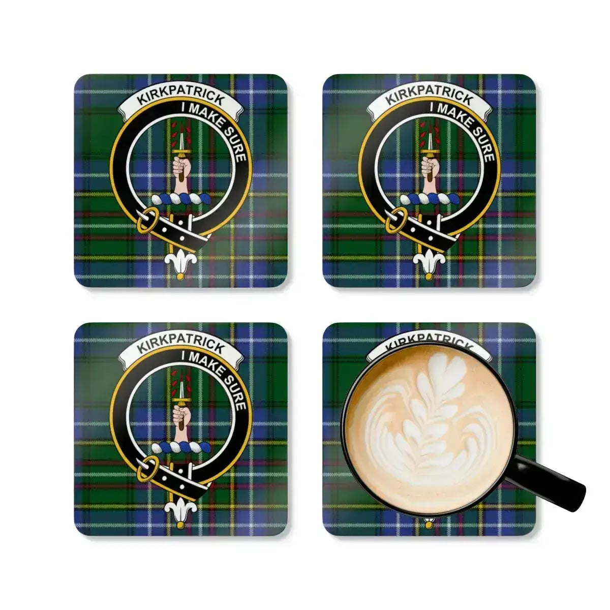 Clan Kirkpatrick crest coaster — glossy full colour tartan design on square cork coaster