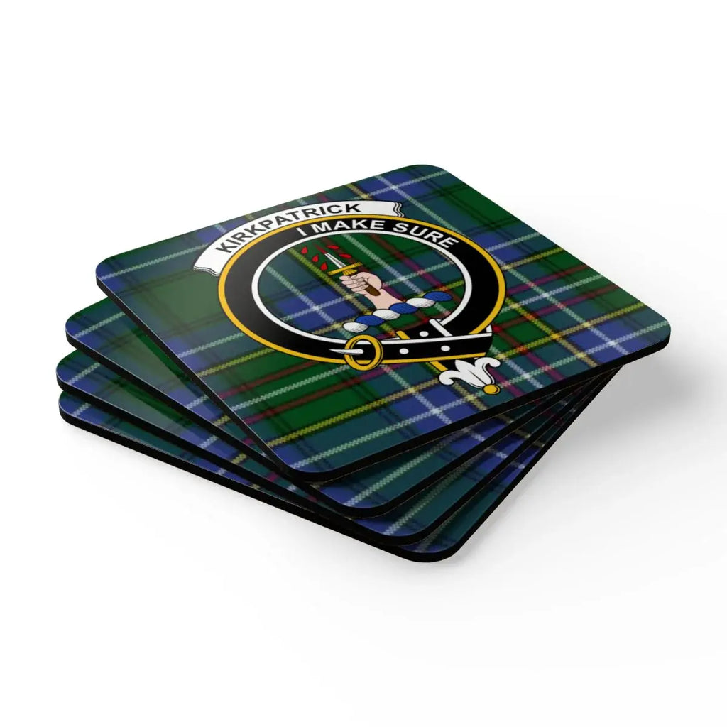 Clan Kirkpatrick crest coaster — tartan and I Make Sure motto on 3.75 inch square coaster
