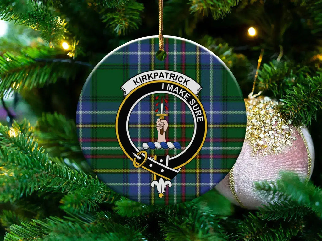 Clan Kirkpatrick tartan crest ceramic ornament — 3 inch round, double-sided UV print with gold hanging string