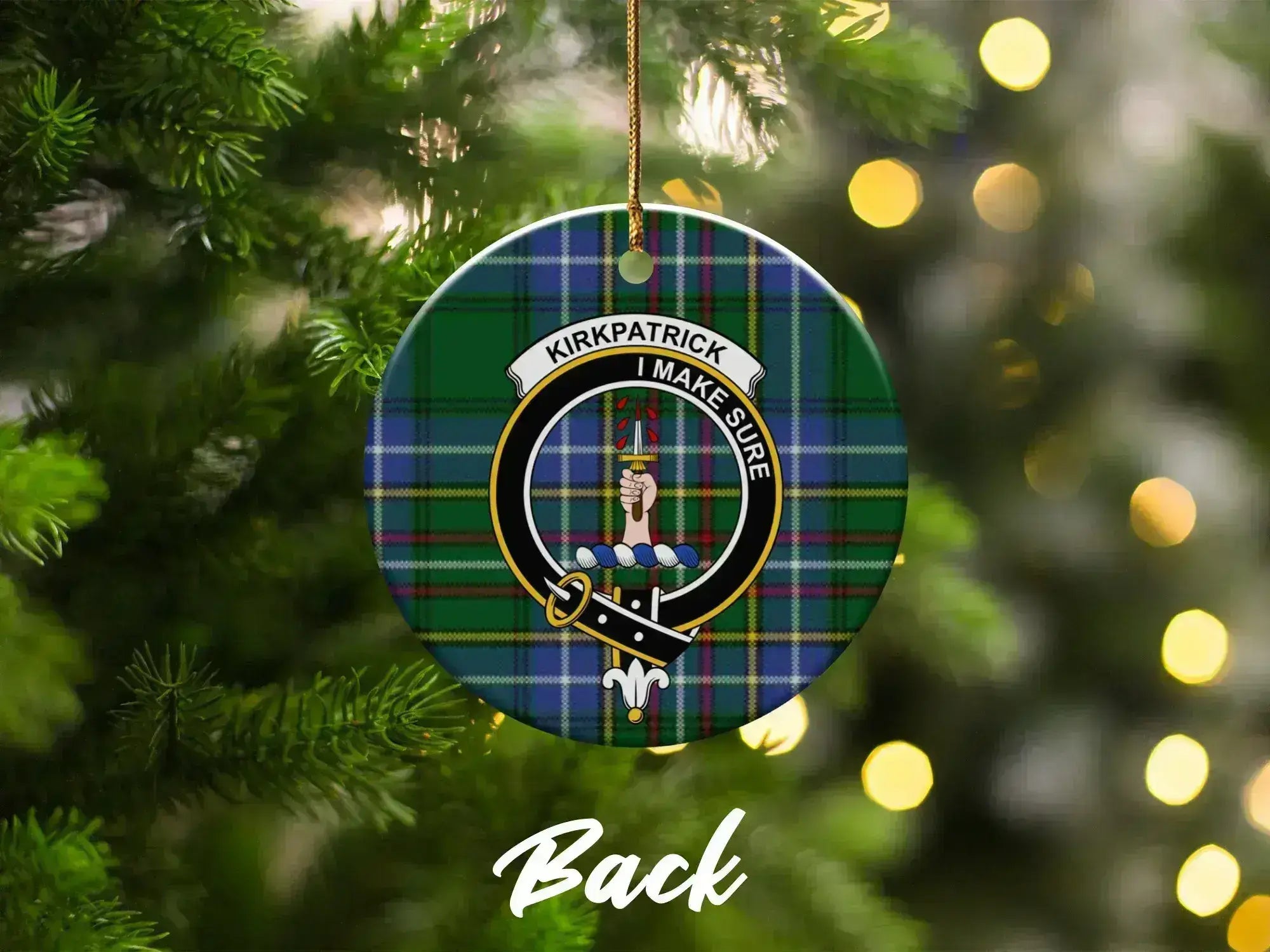 Clan Kirkpatrick tartan crest ornament — hanging on Christmas tree, ceramic double-sided print