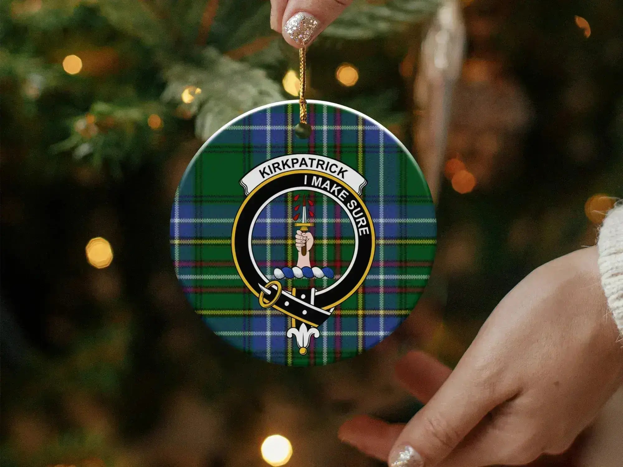 Clan Kirkpatrick ceramic ornament — reverse side showing tartan design, gold string detail