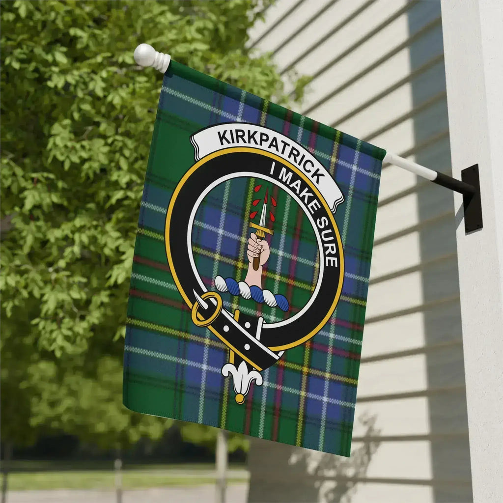 Clan Kirkpatrick tartan garden flag — I Make Sure crest design, 12x18 inch outdoor display on poly poplin-canvas