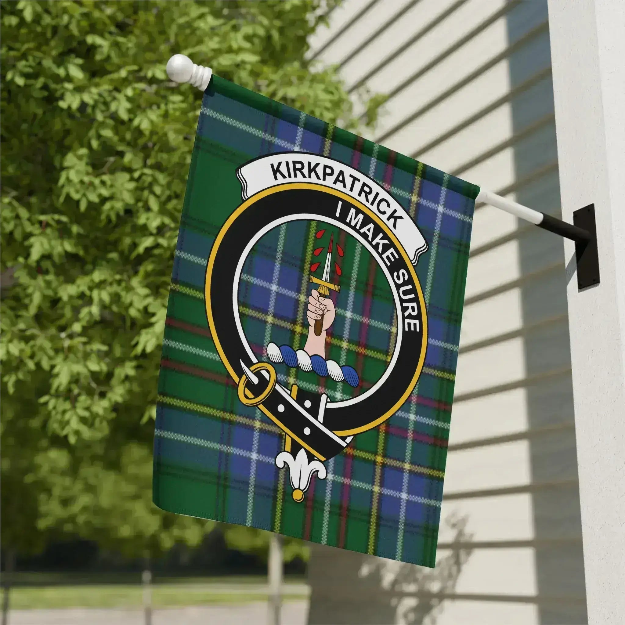 Clan Kirkpatrick tartan garden flag — I Make Sure crest design, 12x18 inch outdoor display on poly poplin-canvas