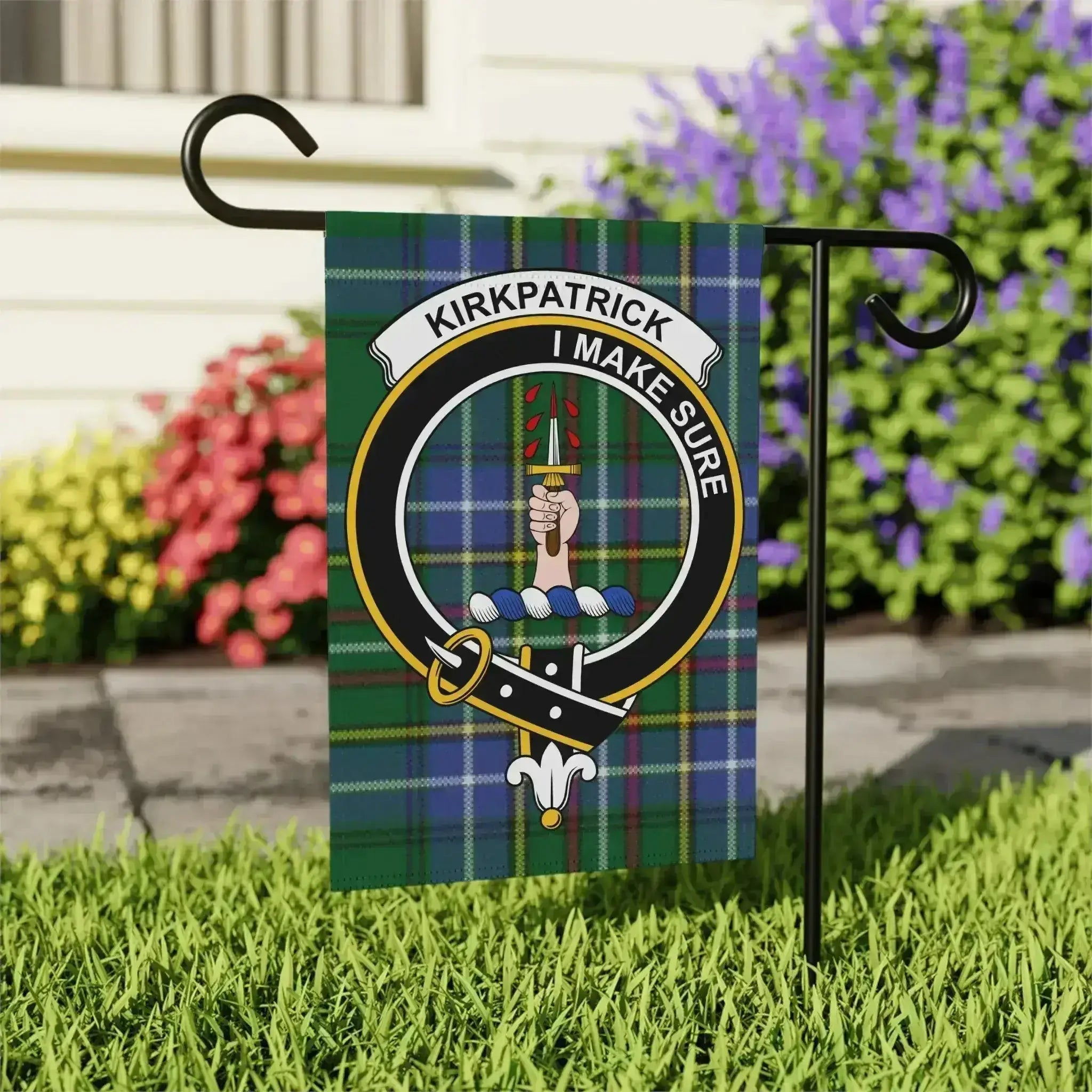 Clan Kirkpatrick crest garden flag — full colour tartan print, 24.5x32 inch larger display size