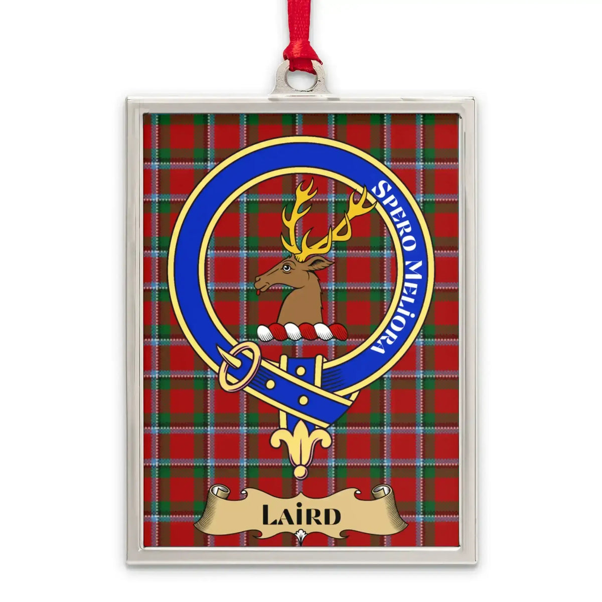 Laird tartan-background crest ornament shown as a Scottish heritage keepsake gift