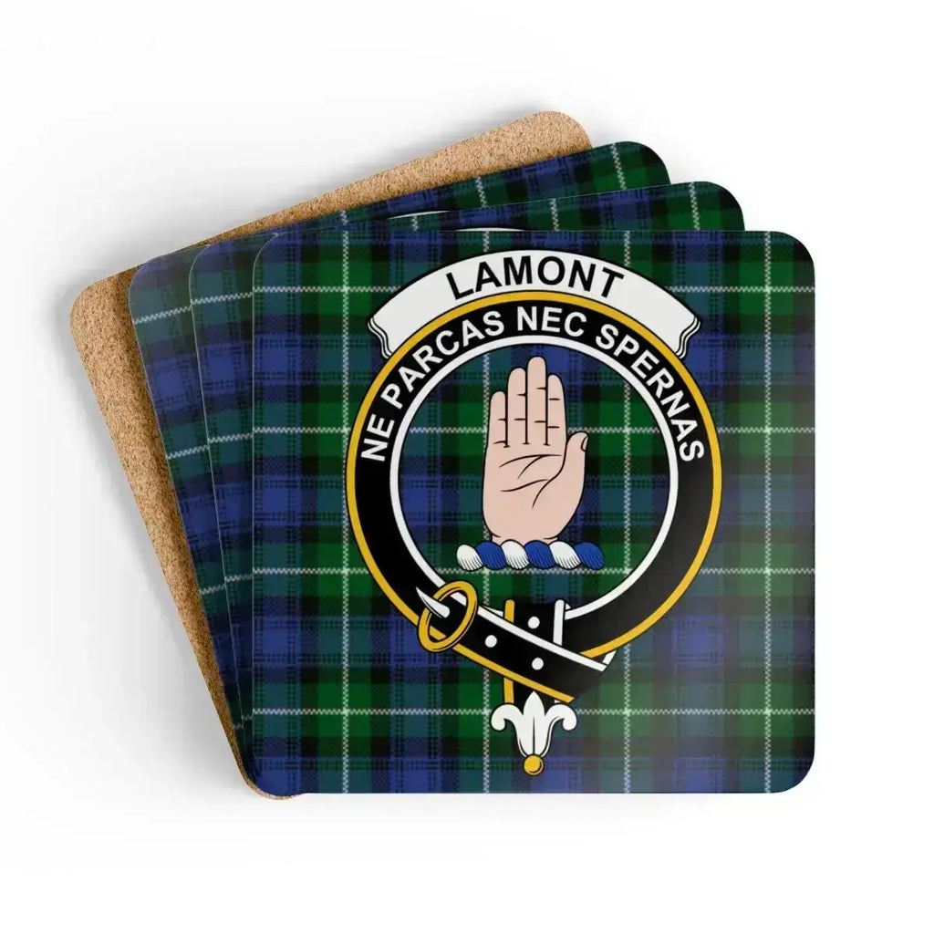 Lamont clan crest tartan coaster set of 4 — natural cork squares with sealed Ne Parcas Nec Spernas design