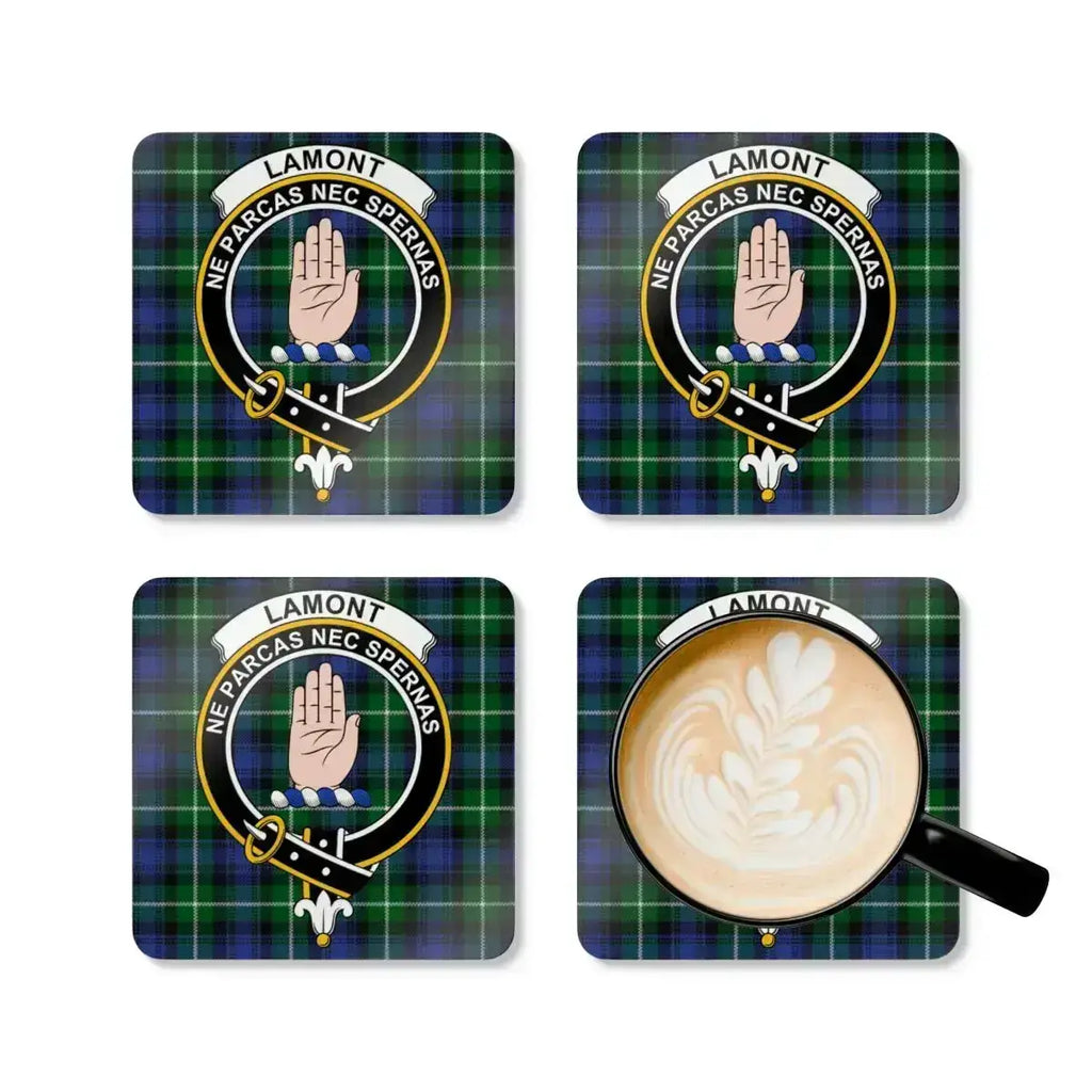Lamont clan crest tartan pattern coaster set — four cork coasters with clan heraldic design