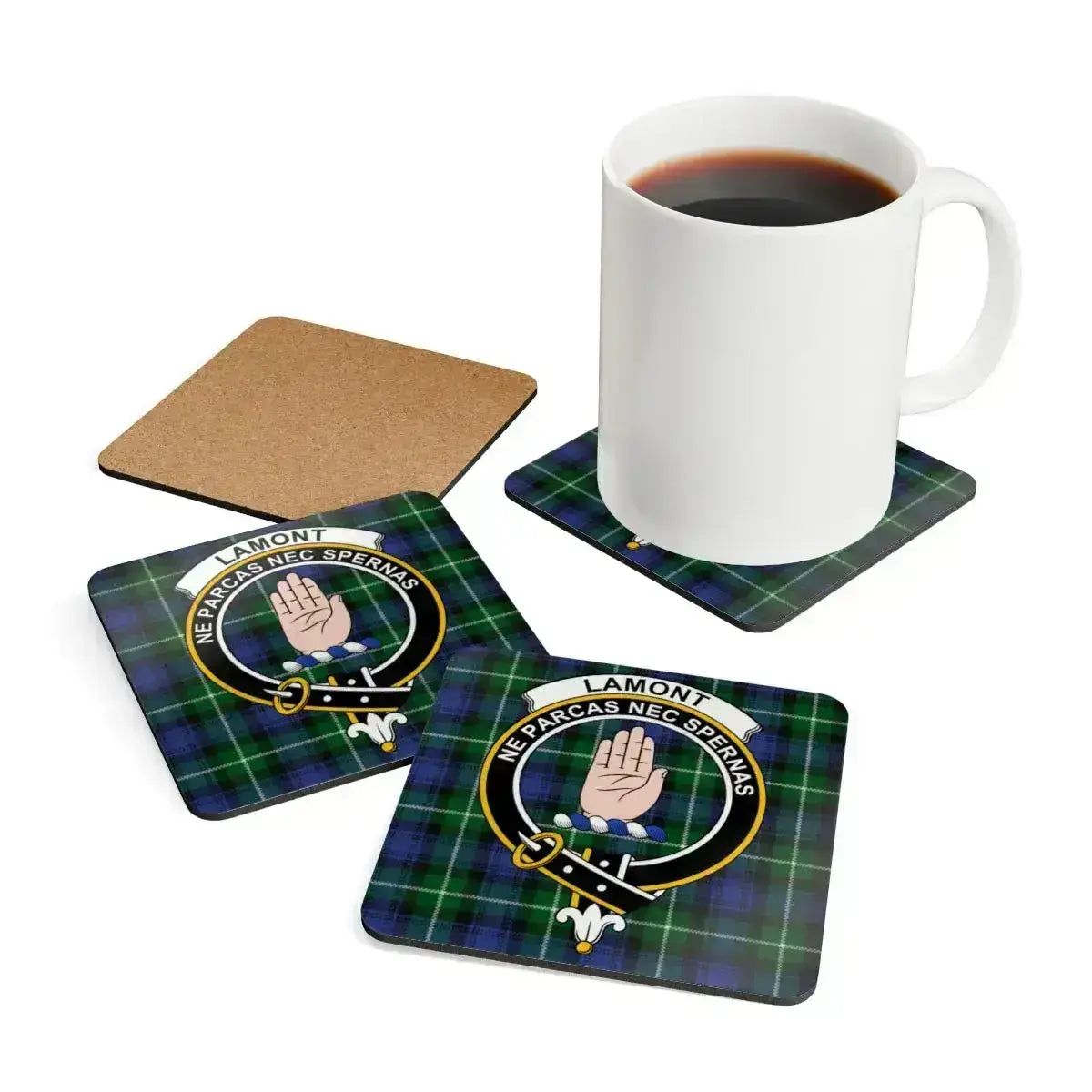 Lamont clan crest tartan square coasters — 3.75-inch corkwood with glossy sealed print
