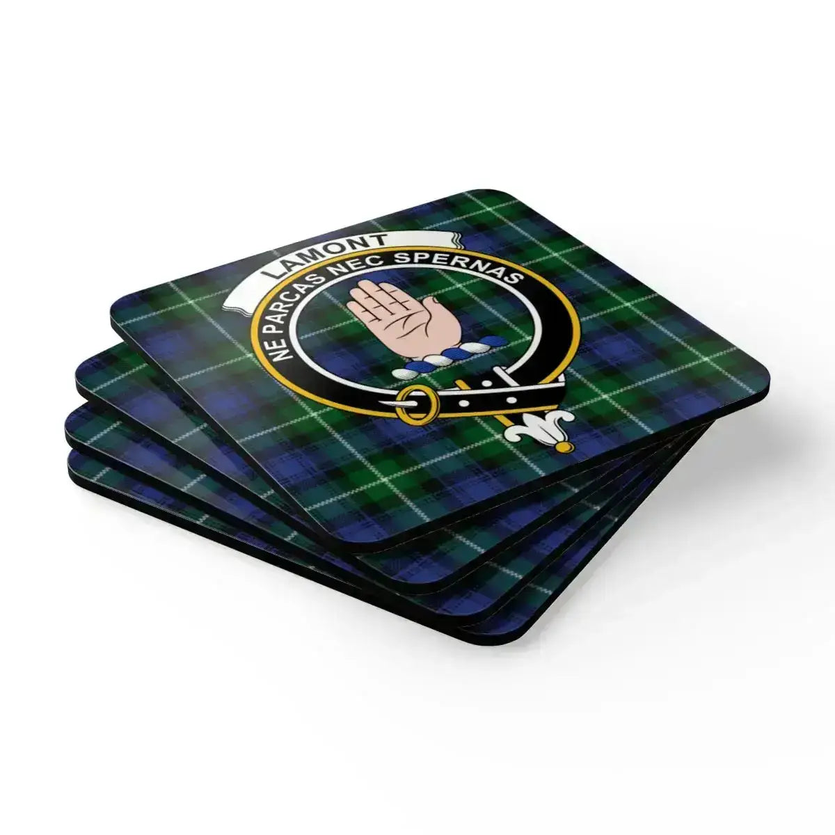 Lamont clan crest tartan design square coaster — natural cork base, glossy sealed print
