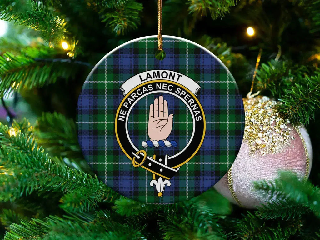 Lamont clan tartan ceramic ornament — 3-inch round glossy disc with crest and Ne Parcas Nec Spernas motto
