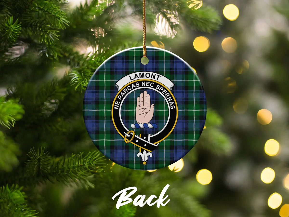 Lamont clan crest tartan ornament back view — double-sided glazed ceramic, 3-inch disc