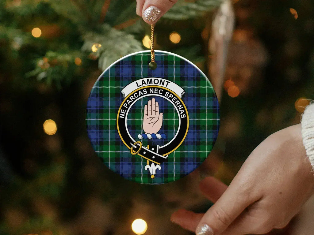 Lamont clan crest Christmas ornament — Ne Parcas Nec Spernas design on glossy 3-inch disc