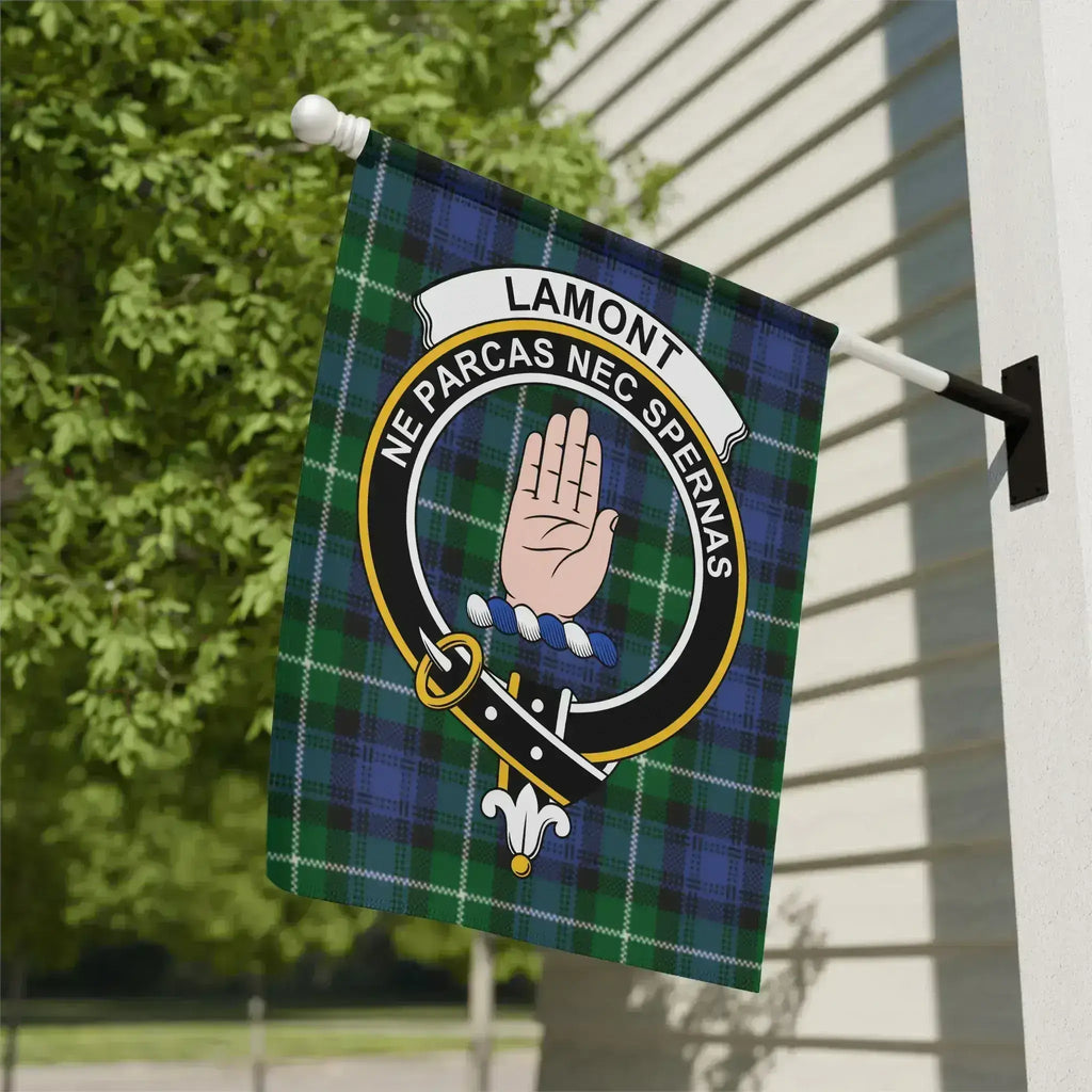 Lamont clan crest tartan garden flag 12x18 inches — poly poplin-canvas with Ne Parcas Nec Spernas design